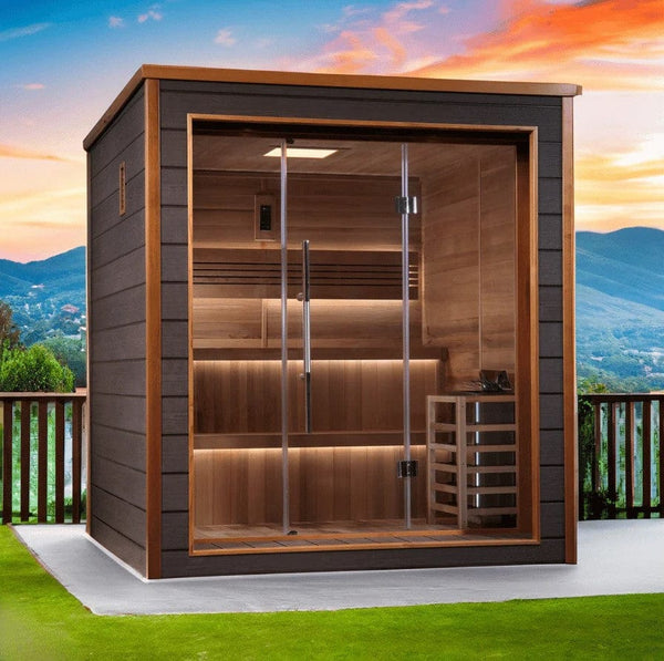 Front Right Side View Of The Golden Designs Bergen 6-Person Outdoor Sauna | GDI-8206-01 Shown In An Outdoor Setting With Mountains In The Background